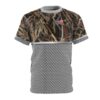 men's down syndrome awareness shirt knurled camo with american flag and text 'chrome21 outdoors'