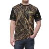 Custom camo shirt for Down Syndrome Awareness with black sleeves and the blue and yellow awareness arrows. October is Down Syndrome Awareness Month Words on front.