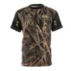 men's down syndrome awareness t-shirt camo with black sleeves and text 'chrome21 outdoors'