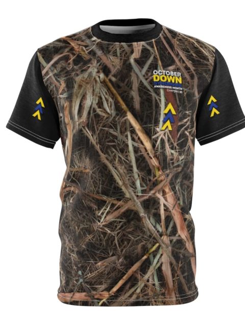 men's down syndrome awareness t-shirt camo with black sleeves and text 'chrome21 outdoors'