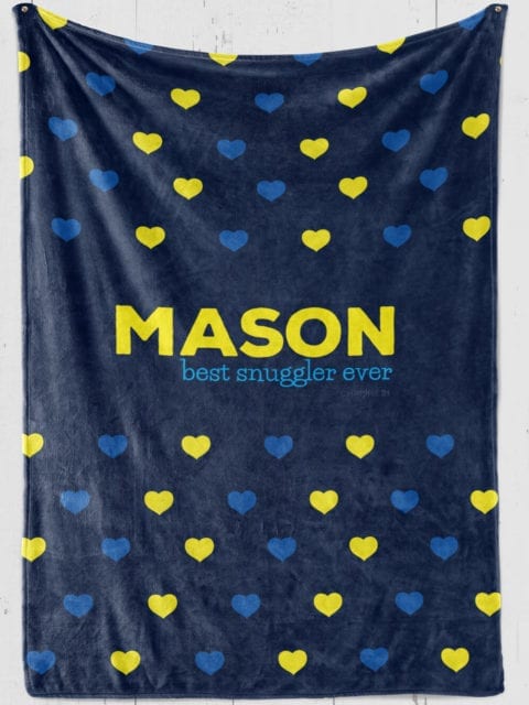custom blanket for boys on dark blue with yellow and blue hearts plush fleece with child's [name] and 'best snuggler ever'