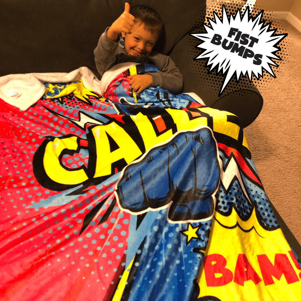 Personalized Blankets Red and blue with superhero, fist bumps and Bam [name]