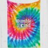 Custom blanket with Tie dye on colorful plush fleece with sunshine and yellow, green, blue, pink with white text 'Humble & Kind'