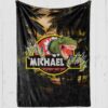 Personalized Blanket with Jurassic Era Dinosaur in jungle scratching through the blanket and with [name] personalization