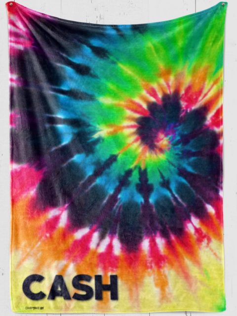 Custom blanket with Tie dye on colorful plush fleece with black,blue,green,orange,pink, yellow and black text personalized [name]