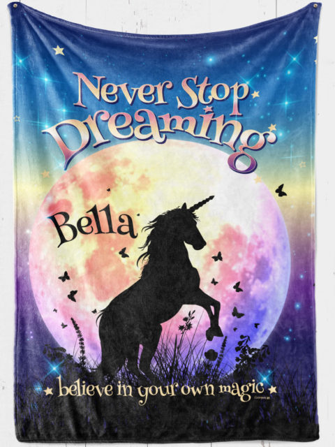 Personalized Unicorn blanket for girls on moonscape background with unicorn and butterflies and 'Never Stop Dreaming [name] believe in your own magic'