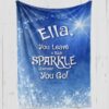 Custom blanket for a girl on blue plush fleece with sparkles and glitter sunbeams '[name] you leave sparkle everywhere you go'